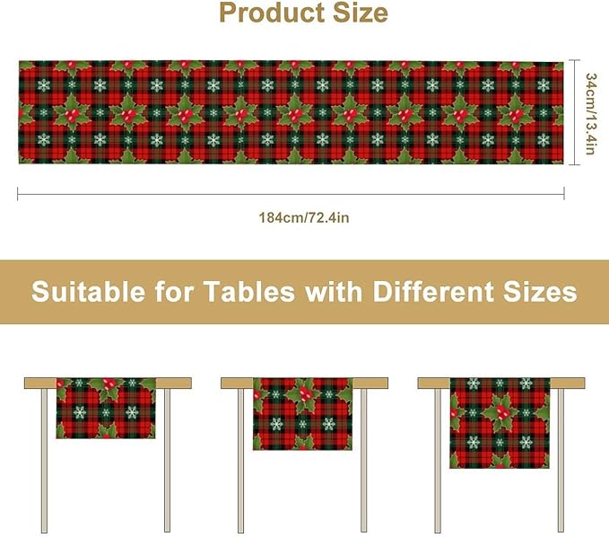 Christmas Table Runner, Red Check Plaid Winter Xmas Holiday Table Cloth Kitchen Dining Table Decoration for Home Party Decor 13x60 Inch