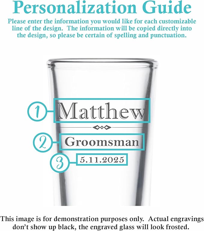 Custom Engraved Shot Glass – 2oz Tall Clear Glass – Personalized Gift for Wedding Party – Classic Etched Barware Keepsake for Groomsmen, Bridesmaids, and More (8)