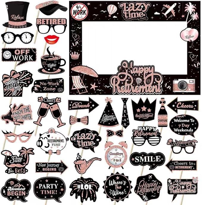 Photo Booth Props, 27 Pieces with Frame, Rose Gold and Black Retirement