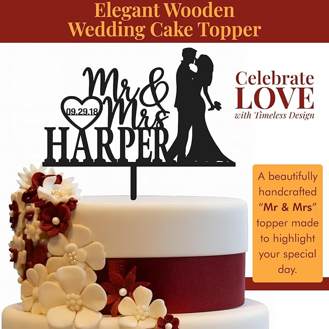 Non-Edible Wood Wedding Cake Topper, 6 x 8 Inch, Natural Finish