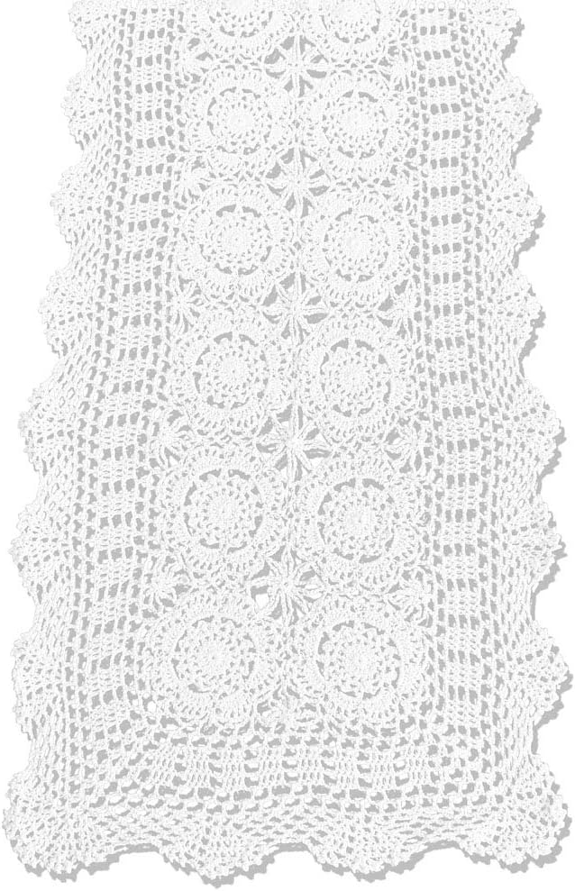 KEPSWET Cotton Handmade Crochet Lace Table Runner White Rectangle Coffee Table Dresser Decor (14x36 inch)