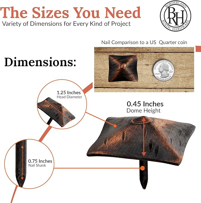 50 Pack 1.25" Square Head Iron Clavos Decorative Nails – Oil Rubbed Bronze – Handmade Rustic Square Fasteners for Farmhouse Shutters, Barn Doors, Shutters, Gates – Ornamental Wood Accent