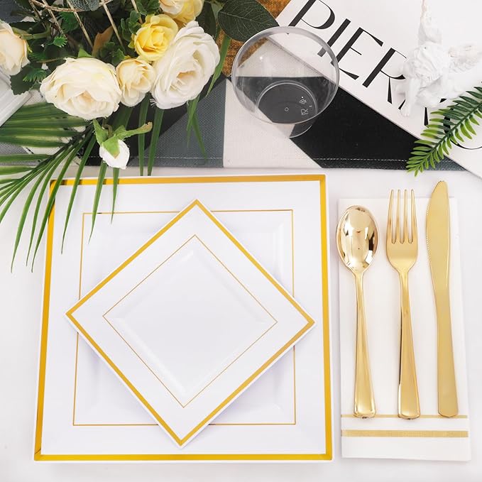 Disposable Plates Set, Square Gold, 350 Pieces for 50 Guests