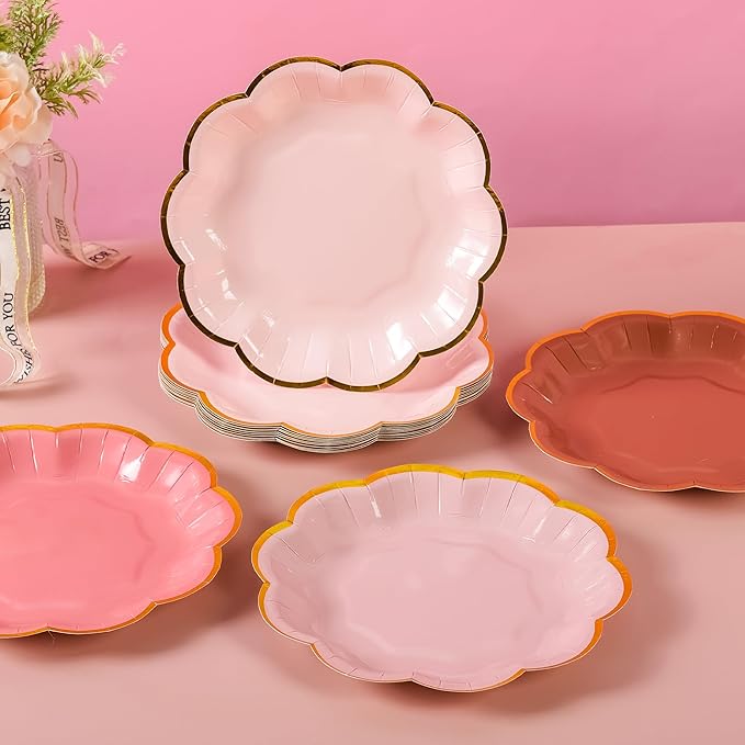 Dusty Pink Gradient Color Dessert Paper Plates, 7 inch Gold Foil Scalloped Edge, Disposable Cake Plates for Tea Party, Birthday, Baby Shower, Wedding Party Supplies (48, Dusty Pink)
