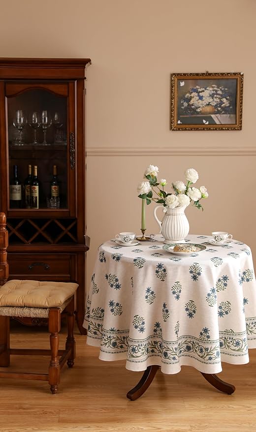 ISAENNE Designer White Linen Small Round Tablecloth,Chinoiserie Floral Elegant Indoor Table Cloth,Fall Stain Proof Decor Tablecloths for Dining Thanksgiving Kitchen,Diameter 55"-Mosella F