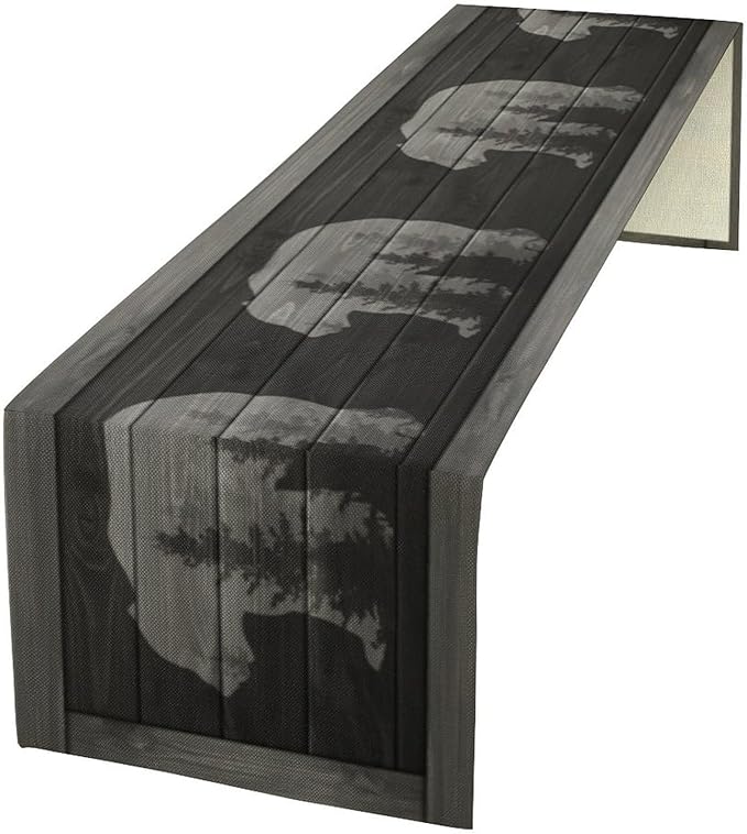 Rustic Country Bear Table Runner, Black Wood Wooden Cabin Wild Animals Hunting Table Cloth for Home Kitchen Dining Table Runner 13x70 Inch