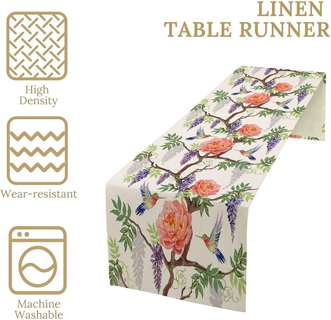 Vintage Bird Flower Table Runner Seasonal Spring Purple Wisteria Garden Plants Lavender Pink Florals Farmhouse Country Kitchen Dinner Runner Dining Table Decoration for Home Party Holiday 13"x60"