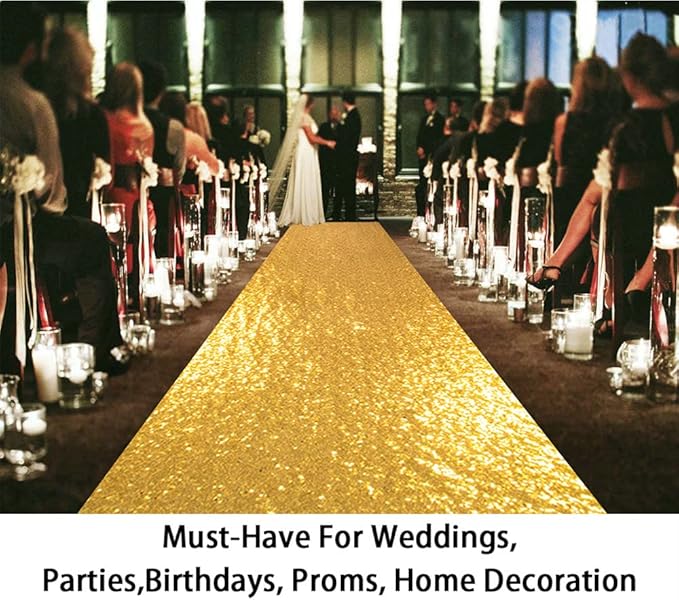 Sequin Aisle Runner, Gold, 4 x 30 Ft One-Piece Seamless Floor Runner