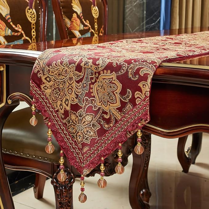 Luxury Vintage Design Table Runner 60 inches Long Embroidery Jacquard Fabric with Multi-Tassels Table Runners for Dining Room Dresser Christmas Thanksgivi Party Fireplace Decorations (Red, 12X60inch)