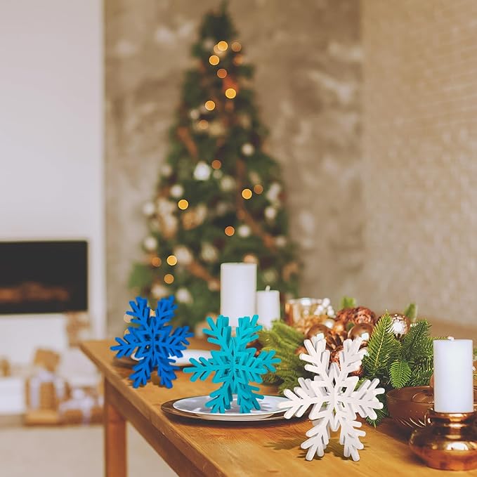 Qunclay 20 Pcs Wooden Snowflake Decorations 3D Snowflake Tabletop Decor Christmas Signs and Centerpiece for Winter Wonderland Decorations Xmas Tiered Tray Decor(Dark Blue, Light Blue, White)