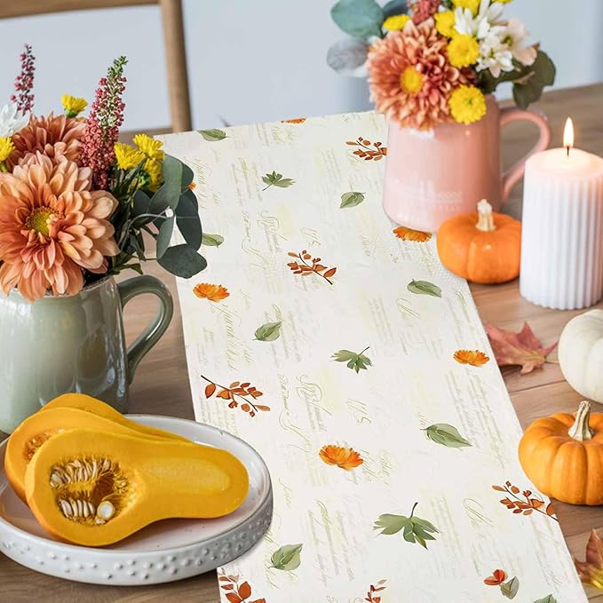 Fall Wildflowers Cotton Linen Table Runner for Dining Kitchen, Thanksgiving Pumpkin Outdoor Party Rustic Tablerunners Decoration, Botanical Floral Vintage Dresser Scarf Tablecloth Runners 13x60 Inches