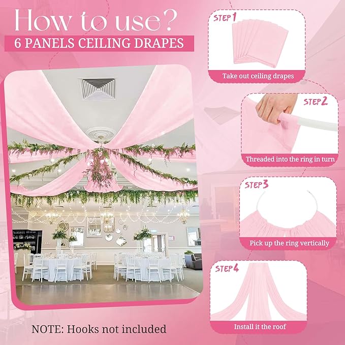6 Panels Pink Ceiling Drapes for Wedding, 5ftx10ft Ceiling Drapes Cheesecloth Sheer Fabric Curtain Wedding Arch Draping Fabric Romantic Ceilings Decorations for Weddings Party Ceremony Stage