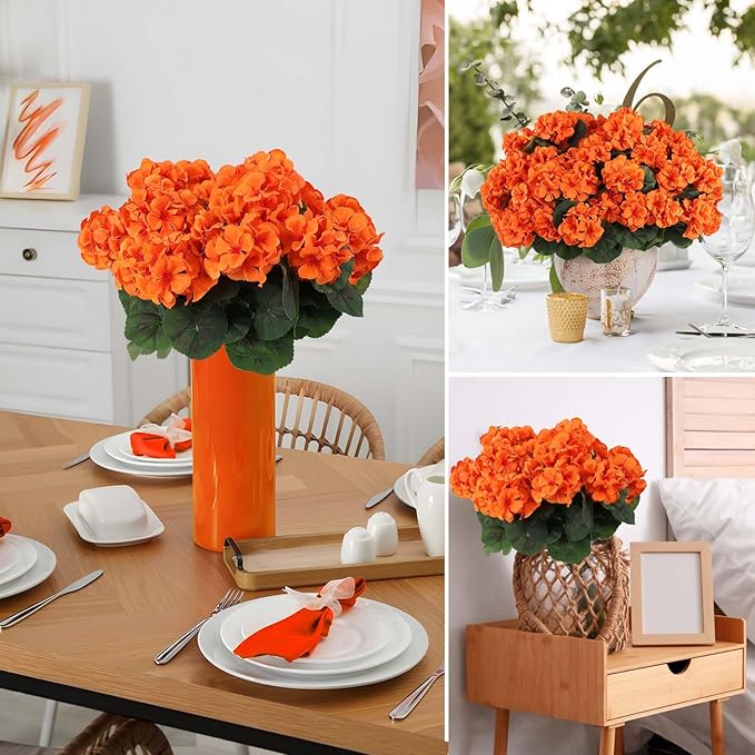 Hananona 12 Pcs Artificial Geranium Flowers for Outdoors Geranium Silk Orange Flower Outdoor UV Resistant Patio Plants Faux Autumn Flowers for Fall Home Kitchen Table Centerpieces (12, Orange)