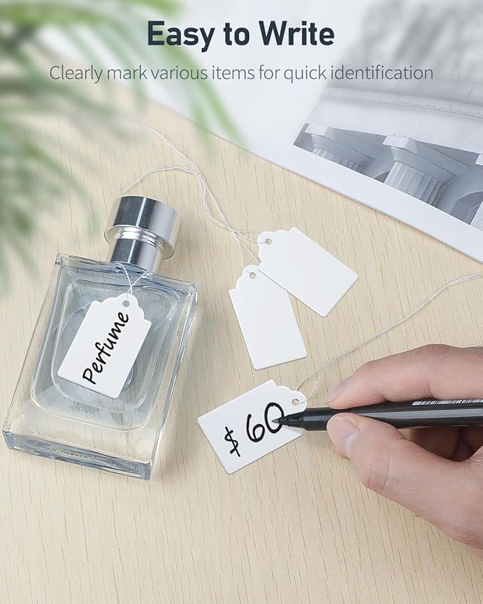 Uniclife 200 Pcs Price Tags 1.8 Inch Writable Price Labels White Price Display Tag for Pricing Clothing Jewelry Gifts Blank Hang Tag Merchandise White Marking Tags with Strings, 1.8" x 1.05"