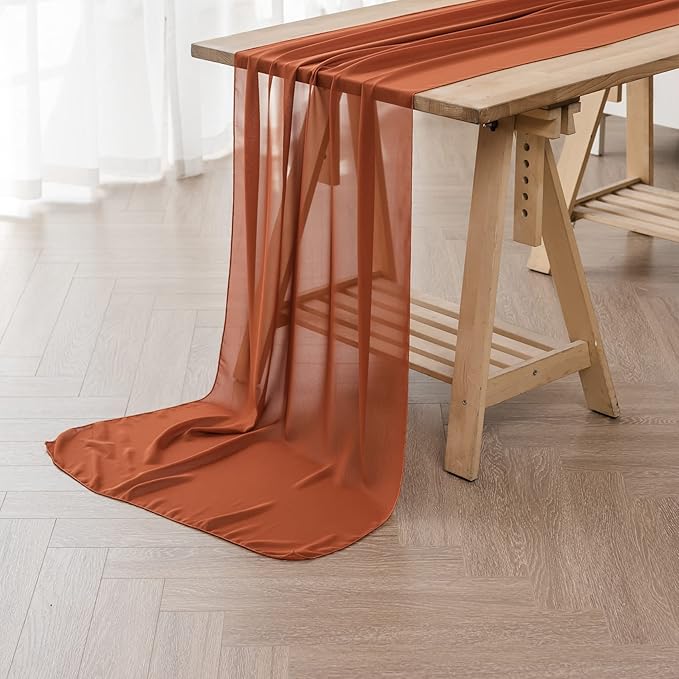 12Pack 9ft Chiffon Table Runner 14x108 Inch Sheer Romantic Table Runner for Wedding Birthday Party Bridal Shower Outdoor Decoration-Rust