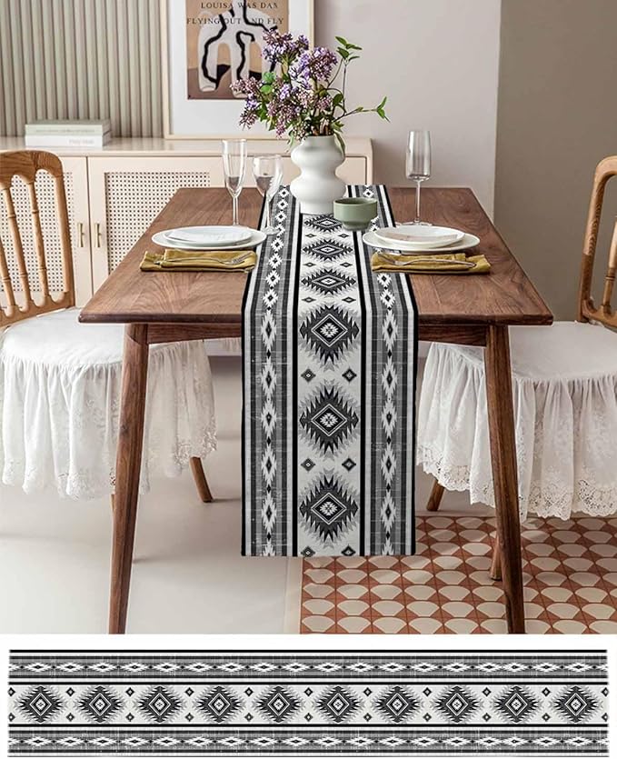 Aztec Southwest Cotton Linen Table Runner for Dining Kitchen, Wedding Outdoor Party Tablerunners Decoration, Boho Ethnic Tribes Vintage Grey Dresser Scarf Coffee Tablecloth Runners 13x72 Inches
