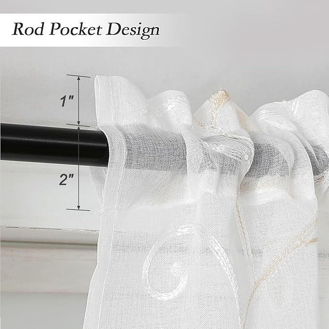 VISIONTEX White Sheer Voile Curtains, Decorative Leaves Embroidery Faux Linen Rod Pocket Window Drapes for Home Kitchen, Living Room and Bedroom 26 x 36 Inch, Set of 2 Curtain Panels