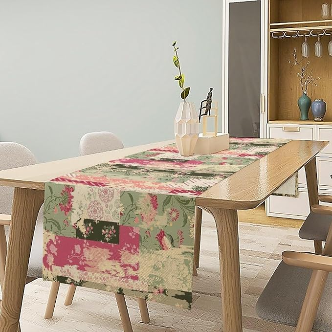 Patchwork Flower Table Runner,Abstract Colorful Floral Retro Style Hand Drawn Tablecloth Burlap for Hotel Indoors Outdoor Dining Room Kitchen Home Decor,W13X L70 in