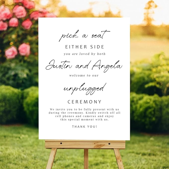 Minimalist Pick a Seat & Unplugged Wedding Sign – Custom Outdoor Yard Sign – Black and White Script Design
