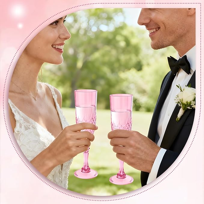 Plastic Champagne Flutes, 12PCS Pink Wine Glasses Goblets Cups Reusable Flute, for Weddings Bachelor Parties Toasting and Events(12, Pink)