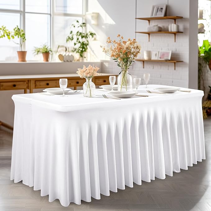 Wish Care 2 Pack White Spandex Table Clothes for 8 Foot Rectangle Tables, 8FT Wrinkle Free Fitted Tablecloths Ruffles Design Table Cover for Party, Banquet, Wedding and Events