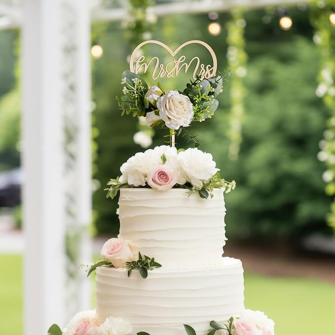Non-Edible Wood Heart Cake Topper with 3D Flowers, 6.5 x 8.4 Inches