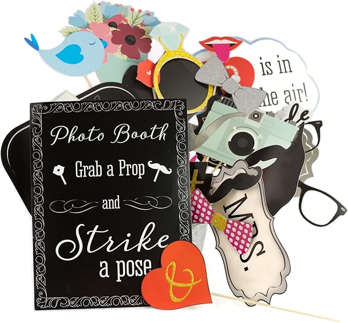 Paper Wedding Photobooth Props, 30 Pieces with Real Glitter and 8x10 Sign