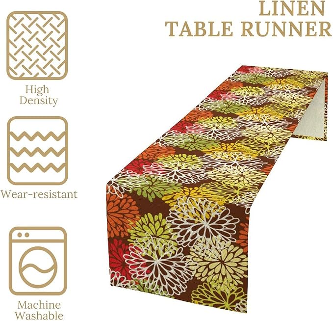 Brown Dahlia Floral Table Runner, Seasonal Autumn Thanksgiving Pattern Print for Home Kitchen Table Decor Dining Coffee Room Party Decor 13x108 Inch