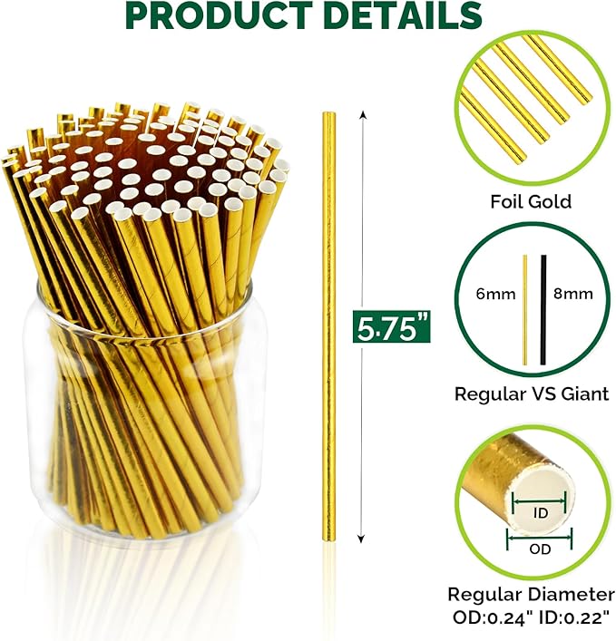 Paper Straws - 5.75 Inch Short Metallic Gold, Pack of 500