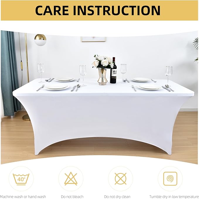 2-Pack 8ft White Spandex Table Covers for Rectangle Folding Tables - Washable Elastic Tablecloth - Ultimate Fitted Table Protector for Birthday Parties, Trade Shows, Banquet