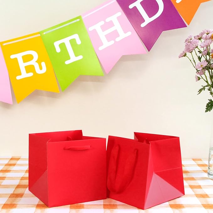 Red Square Gift Bag 10 in Paper Gift Box Large Square Bottom Kraft Paper Bags with Handles for Party Favor, Birthday Gift Bags (Red, 10 x 10 x 10 in, 10 CT)