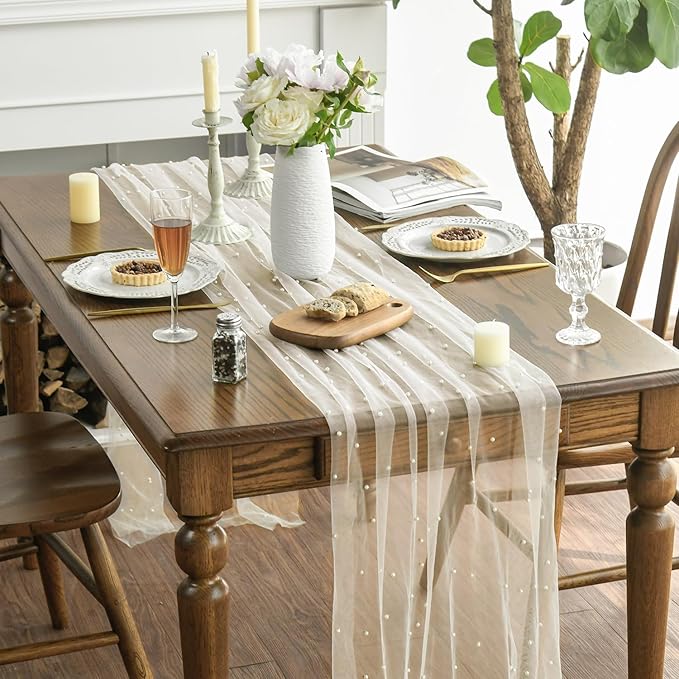 Artoid Mode Pearl Beige Gauze Table Runner 59x120 Inch , Seasonal Sheer Kitchen Dining Holiday Wedding Birthday Baby Shower Table Decor for Home Party