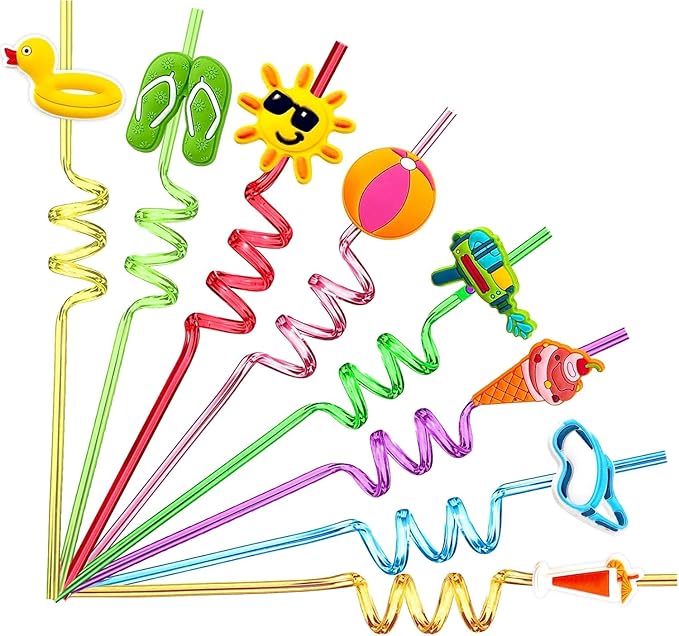 Straws 24 Count Beach Curly Straws in 8 Colors, Reusable Plastic