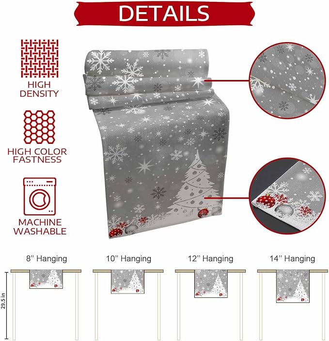 Christmas Snowflakes Cotton Linen Table Runner for Dining Kitchen, Xmas Tree Snow Winter Wedding Outdoor Party Tablerunners Decoration, Grey Balls Dresser Scarf Coffee Tablecloth Runners 13x120 Inches