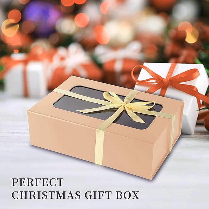 TIACABO Rose Gold Large Gift Box with Window, 13.5"x9"x4.3" Bridesmaid Boxe for Gifts Giving,Birthday Gift Boxes with Magnetic,Closure Lid Gifts Box for Presents,Cute Boxe,Luxury for Gift Packaging
