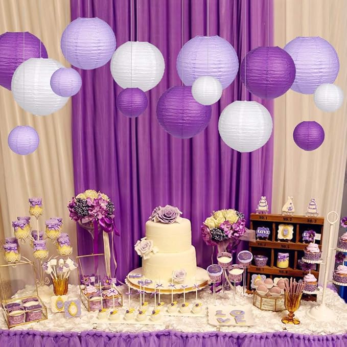 Paper Lanterns, 15 Piece Purple Lavender and White Rice Paper Set
