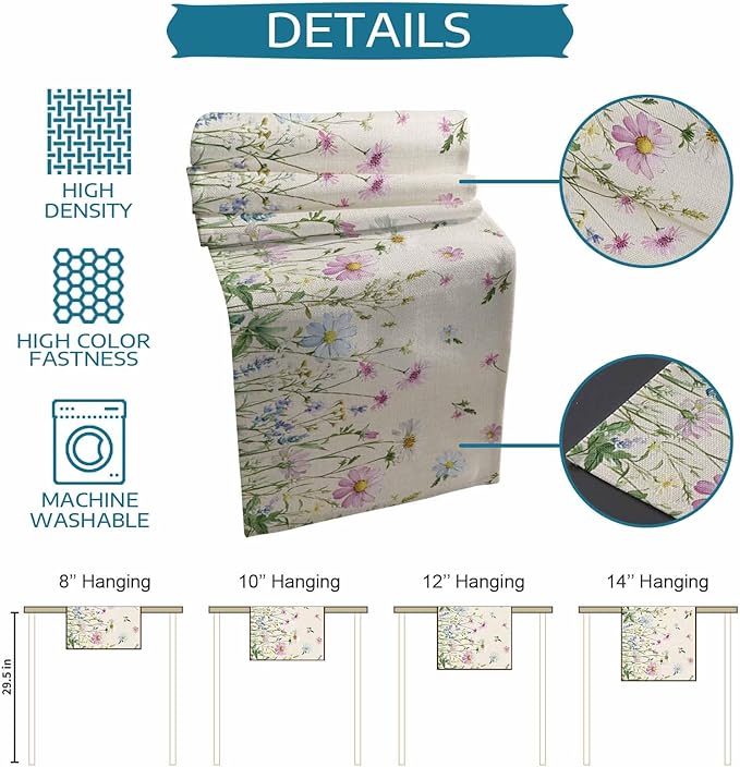 Vintage Wildflowers Cotton Linen Table Runner for Dining Kitchen, Wedding Outdoor Party Tablerunners Decoration, Farm Floral Pink Botanical Plants Dresser Scarf Coffee Tablecloth Runners 13x72 Inches