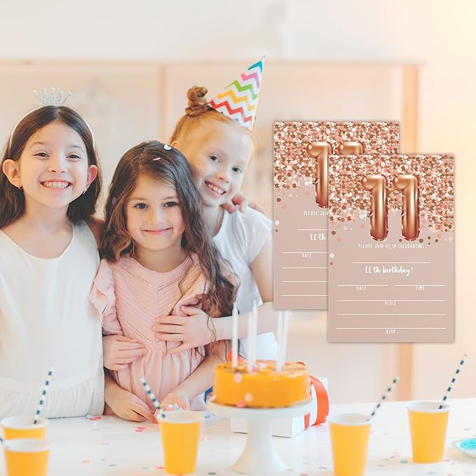 11th Birthday Invitation Cards, Rose Gold Glitter 11th Birthday Party Invites, Kids Happy Birthday Party Decorations Supplies, 20 Fill-in Cards with Envelopes for Boys or Girls Party Celebration - C03