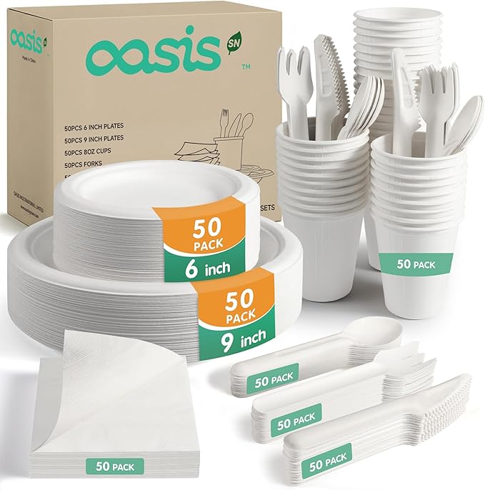 350PCS Disposable Paper Dinnerware Set for 50 Guests, Compostable 50 Dessert Plates, 50 9 inch Plates, 50 Cups, 50 Spoons, 50 Forks, 50 Knives and 50 Napkins, Perfect for Parties(White)