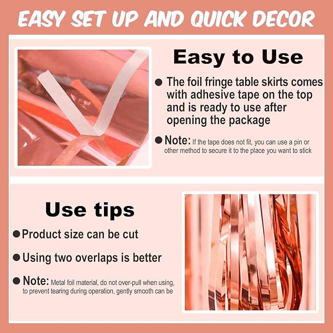 3 Pack 29 x108 Inch Rose Gold Foil Fringe Table Skirts Metallic Banner for Tinsel Streamer Garland Backdrop for Parade Floats Mother's Day, Graduate, Birthday, Wedding Party Decoration