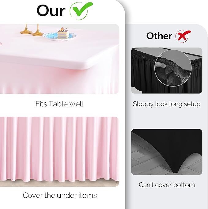 2 Pack Pink Spandex Table Clothes for 8 Foot Rectangle Tables, 8FT Wrinkle Free Fitted Tablecloths Ruffles Design Table Cover for Party, Banquet, Wedding and Events