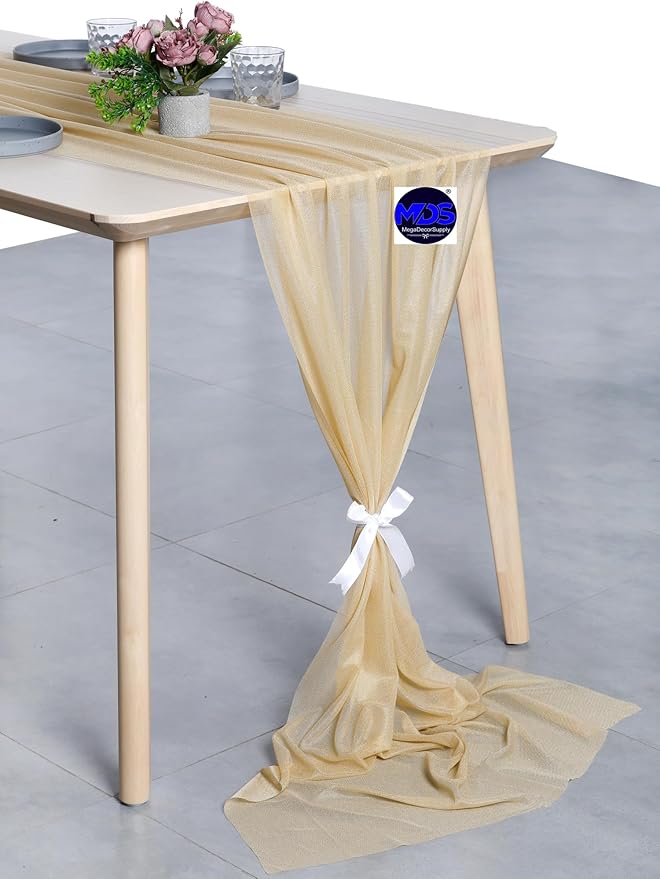 MDS Halloween Chiffon Table Runner - 15 Pack, 29 x 170 Inches, 14ft Each - Sheer Spooky Table Runners for Haunted House Parties, Trick-or-Treat Tables, Witchy Décor, Wedding & Events - Champagne Gold