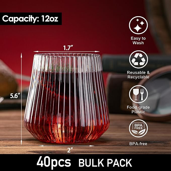Wine Glasses, 40 Count Stemless Clear 12 oz Shatterproof Plastic