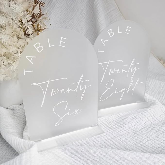Place Cards: Frosted Acrylic Arch Table Numbers 1-30, White Print