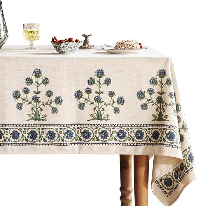 patdrea Designer Vintage Small Blue Rectangle Table Cloth,Linen Leaves Pattern Floral Tablecloth,Farmhouse Fall Table Cover for Kitchen Dining Christmas,Tea Party,Thanksgiving,55"x71"-Ivar B