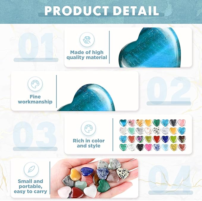 Nuenen 40 Pcs 1.4 Inch Worry Stone Bulk Crystals Heart Shaped Rock Tiny Trinkets Stone Inspirational Healing Crystal Gemstone Love Carved Rock Mom Women