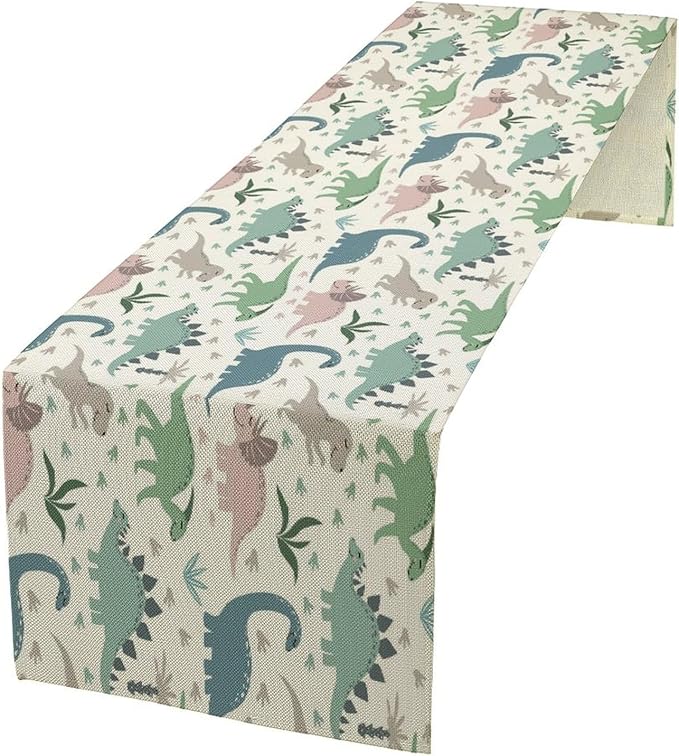 Cartoon Dinosaur Table Runner,Kids Boys Cute Colorful Animal Dino Abstract Print Tablecloth Burlap for Hotel Indoors Outdoor Dining Room Kitchen Holiday Party, 13x108in
