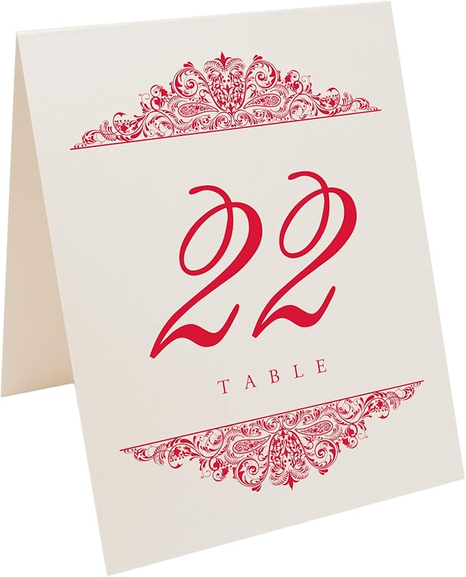 Table Number Cards with Red Paisley Design, Numbered 1-150