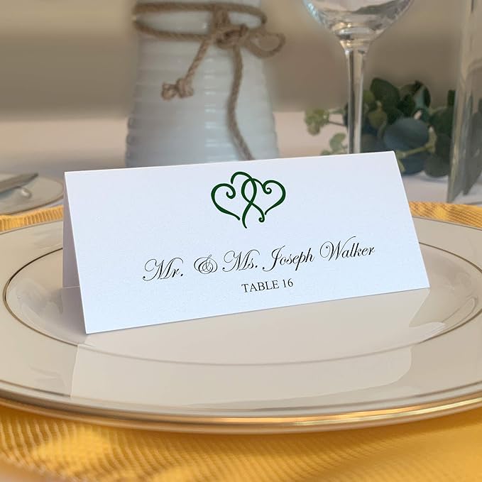 Linked Hearts Printable Place Cards, Hunter Green (Choose Color), Set of 150 (25 Sheets), Laser & Inkjet Printers - Wedding, Party, Dinner, and Special Events - Made in the USA