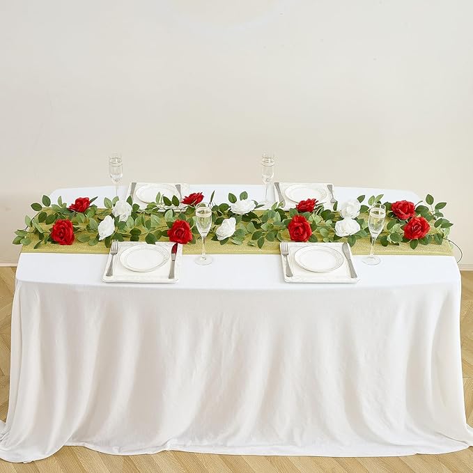 Artificial Rose Garlands Red Rose Vines Leaves Banners Hanging Floral Garland Fake Rose Flower Vine Wall Decorations
